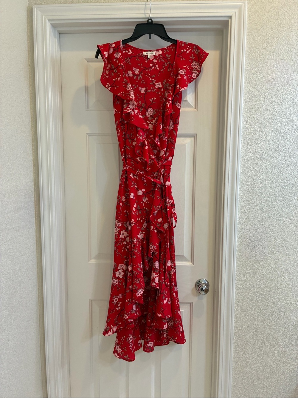 Max Studio Red Floral Ruffle Wrap Hi Lo Dress